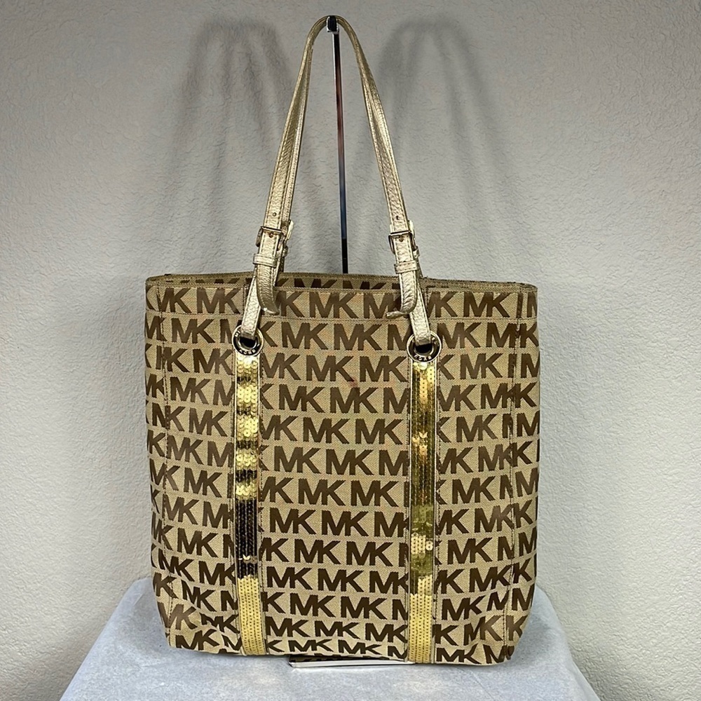 Michael Michael Kors Sequin Gold Tan Logo Large Shopper Tote Bag